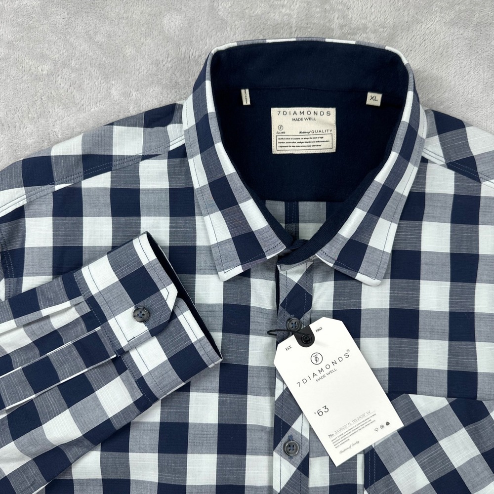 7 Diamonds Button Down Shirt Men XL Navy Blue Buffalo Check Plaid Long Sleeve